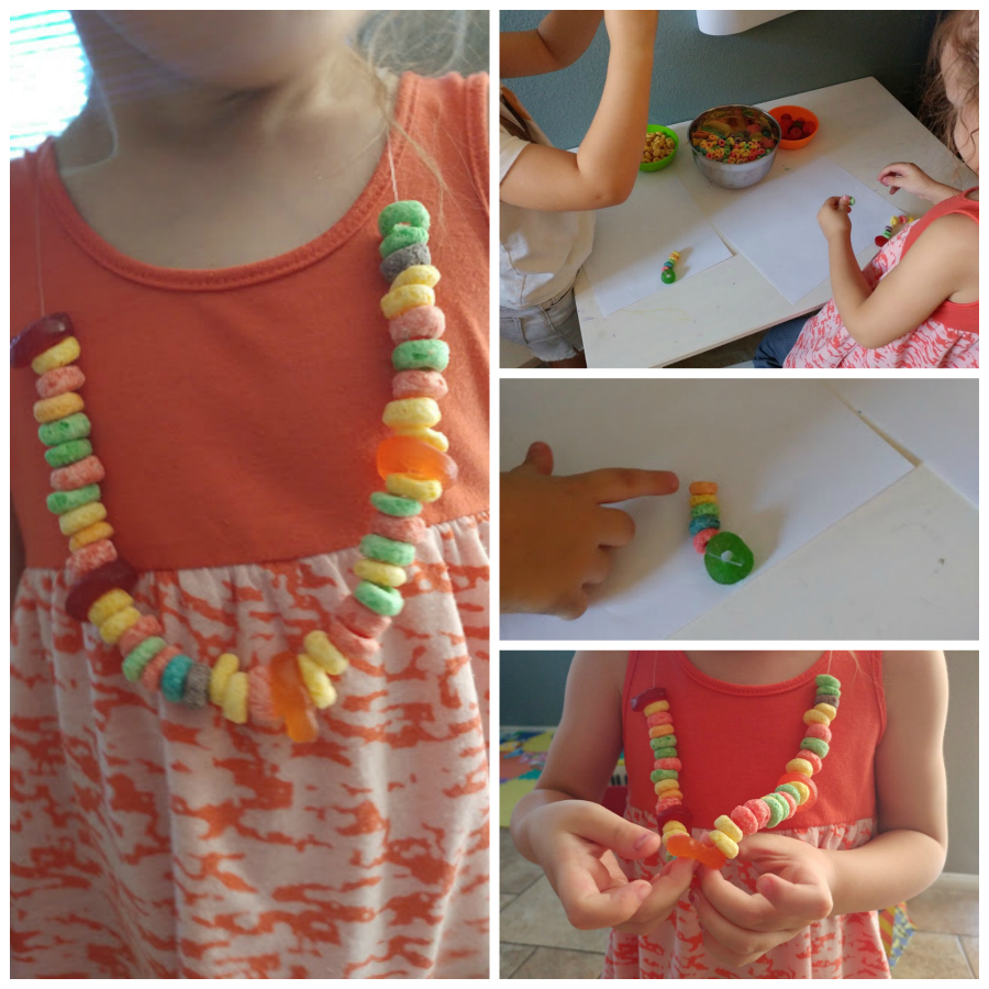 making candy necklaces for a 1st trip to the movies - one of the great tips for going to the movie with kids