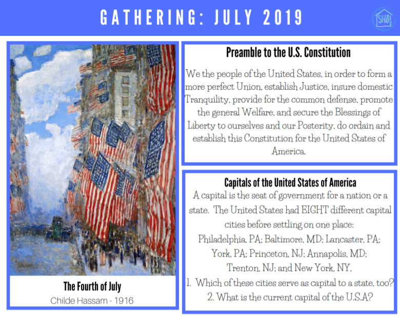 July 2019 Gathering placemats - finally get to all the riches you never find the time for - art, poetry, Scripture, history and so much more.  A free download! 
