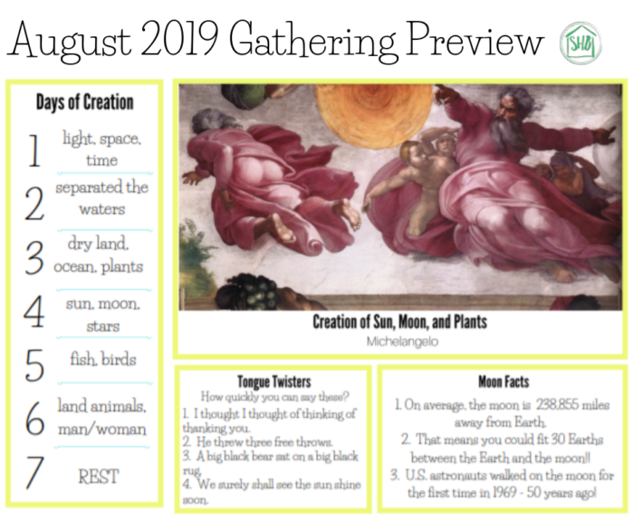 Preview of August 2019 Gathering placemats for use in home to add riches to your family's days.  The placemats include art, hymns, poetry, memory work, fun facts, and simply silly fun. 