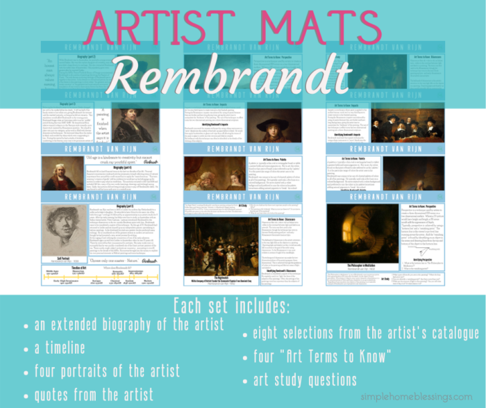 artist mats for Rembrandt van Rijn, a simple way to add art study, art, history, and art appreciation to your community or co-op.  also good for unit studies in homeschool