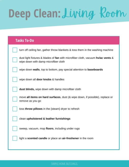 a step-by-step process for a quick deep cleaning in your living room.  A printable checklist will help you stay on track to get it clean!  