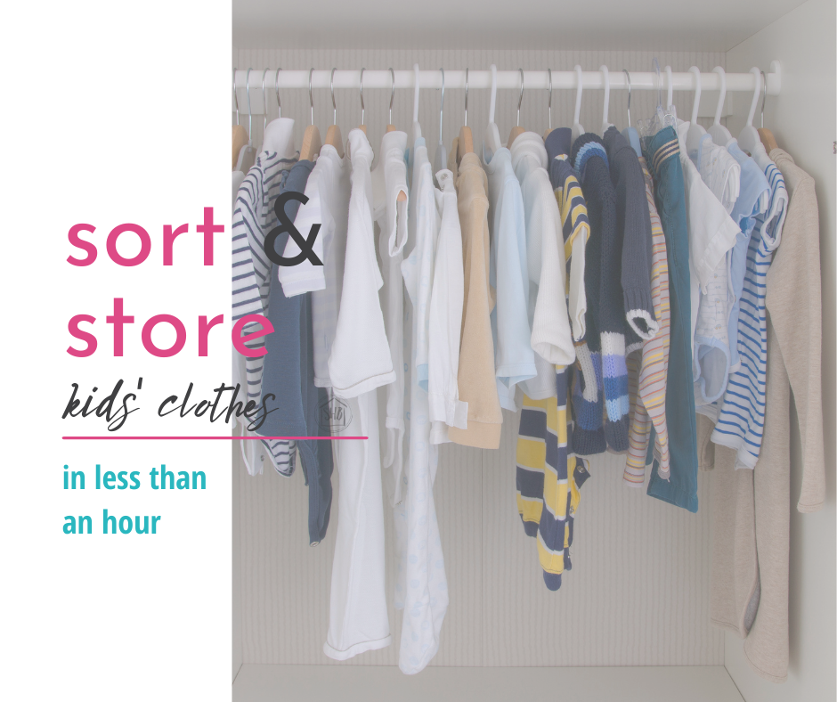 6 simple steps for organizing kids clothes. How to sort and store kids clothes in less than ONE HOUR. Great tips for this seasonal chore.