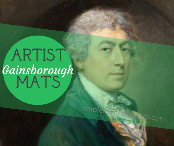 artist mats for thomas gainsborough; for community/co-op classes or for unit study at home. 
Each set of Artist Mats includes: an extended biography of the artist
a timeline
portraits of the artists
quotes from the artists
eight selections from the artist's catalogue
four "Art Terms to Know", and 
art study questions